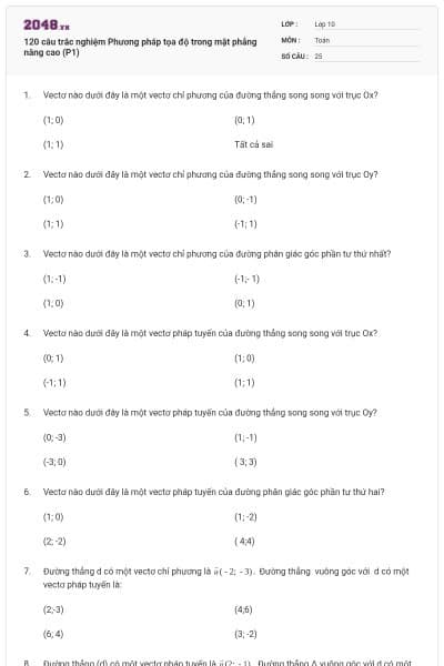 120 câu trắc nghiệm Phương pháp tọa độ trong mặt phẳng nâng cao (P1)