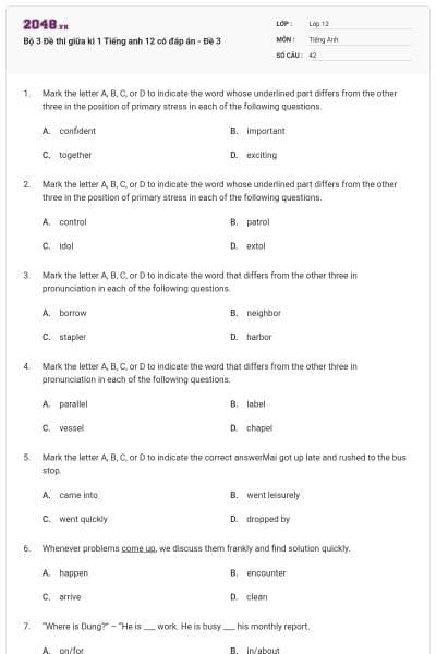 Bộ 3 Đề thi giữa kì 1 Tiếng anh 12 có đáp án - Đề 3