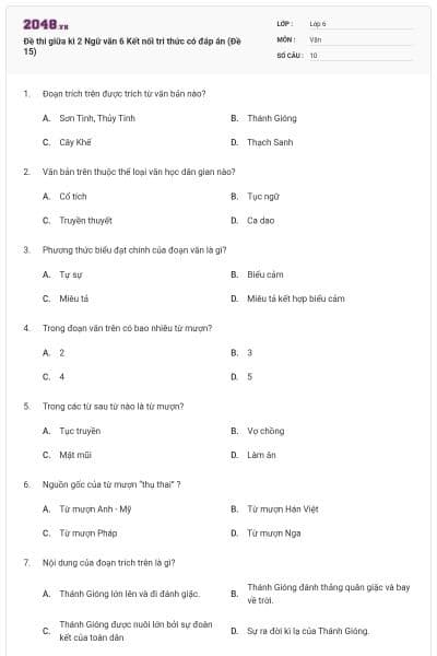 Đề thi giữa kì 2 Ngữ văn 6 Kết nối tri thức có đáp án (Đề 15)