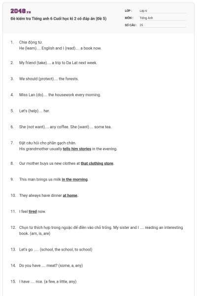 Đề kiểm tra Tiếng anh 6 Cuối học kì 2 có đáp án (Đề 5)