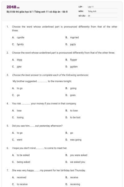 Bộ 8 Đề thi giữa học kì 1 Tiếng anh 11 có đáp án - Đề 8