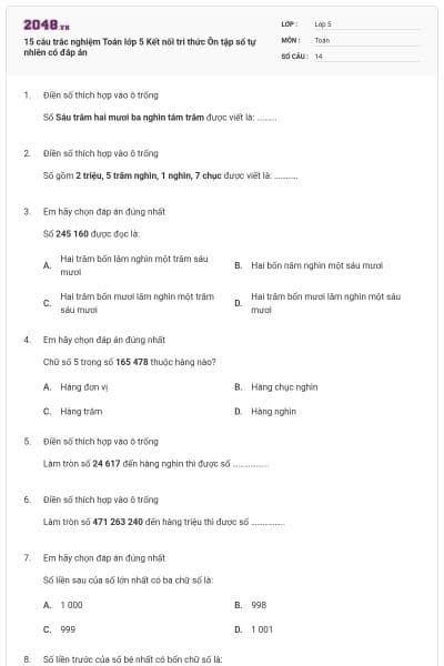 15 câu trắc nghiệm Toán lớp 5 Kết nối tri thức Ôn tập số tự nhiên có đáp án