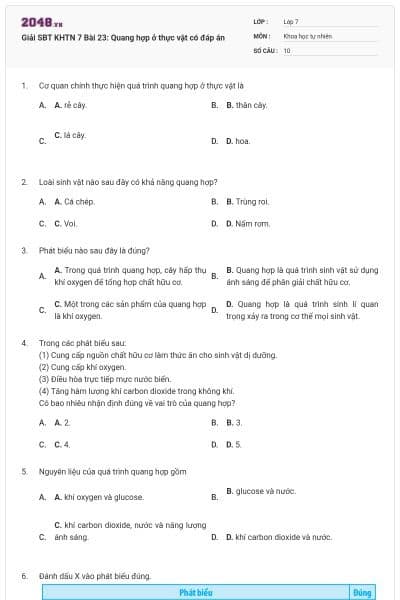 Giải SBT KHTN 7 Bài 23: Quang hợp ở thực vật có đáp án