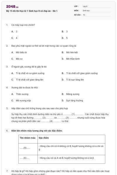 Bộ 15 đề thi Học kì 1 Sinh học 8 có đáp án - Đề 1