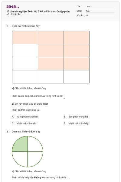 15 câu trắc nghiệm Toán lớp 5 Kết nối tri thức Ôn tập phân số có đáp án
