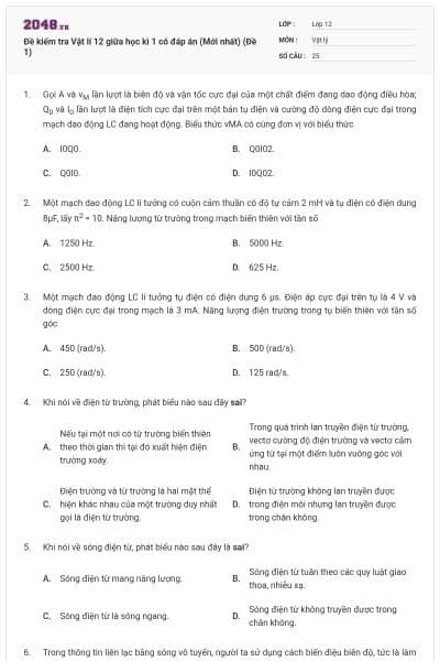 Đề kiểm tra Vật lí 12 giữa học kì 1 có đáp án (Mới nhất) (Đề 1)