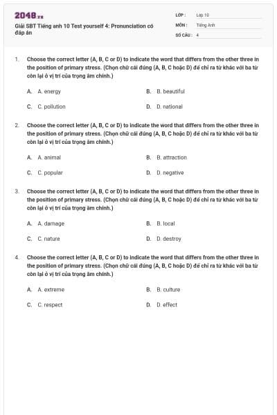 Giải SBT Tiếng anh 10 Test yourself 4: Pronunciation có đáp án
