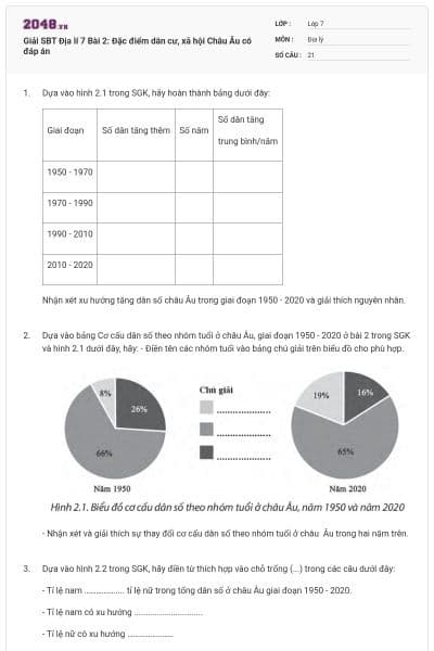 Giải SBT Địa lí 7 Bài 2: Đặc điểm dân cư, xã hội Châu Âu có đáp án