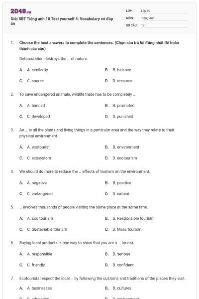 Giải SBT Tiếng anh 10 Test yourself 4: Vocabulary có đáp án