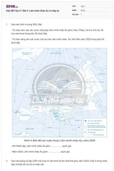 Giải SBT Địa lí 7 Bài 4: Liên minh Châu Âu có đáp án