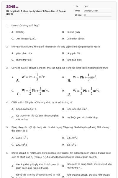 Đề thi giữa kì 1 Khoa học tự nhiên 9 Cánh diều có đáp án (Đề 1)