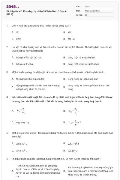 Đề thi giữa kì 1 Khoa học tự nhiên 9 Cánh diều có đáp án (Đề 2)