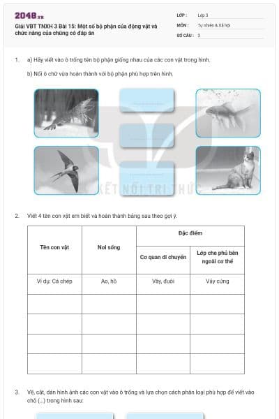 Giải VBT TNXH 3 Bài  15: Một số bộ phận của động vật và chức năng của chúng có đáp án