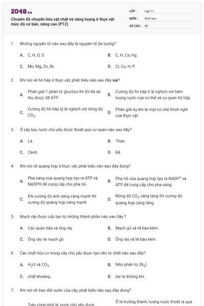 Chuyên đề chuyển hóa vật chất và năng lượng ở thực vật mức độ cơ bản, nâng cao (P12)