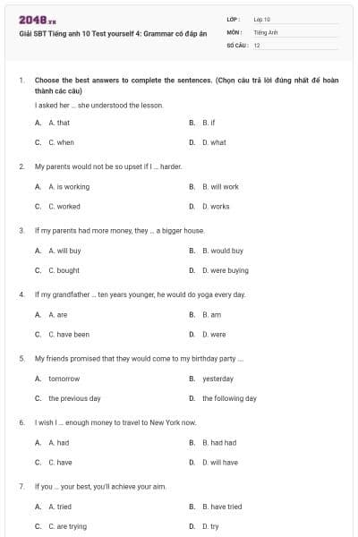 Giải SBT Tiếng anh 10 Test yourself 4: Grammar có đáp án