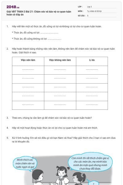 Giải VBT TNXH 3 Bài 21: Chăm sóc và bảo vệ cơ quan tuần hoàn có đáp án