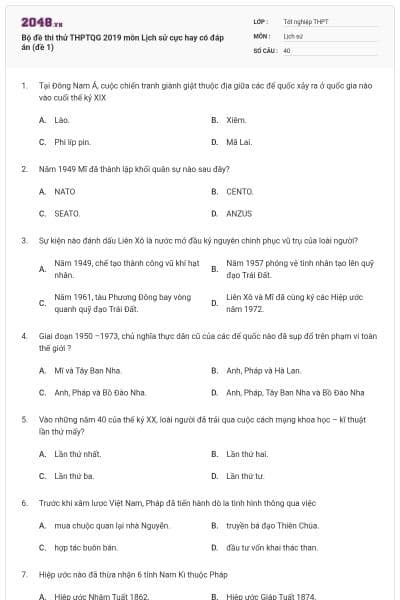 Bộ đề thi thử THPTQG 2019 môn Lịch sử cực hay có đáp án (đề 1)