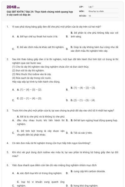 Giải SBT KHTN 7 Bài 24: Thực hành chứng minh quang hợp ở cây xanh có đáp án