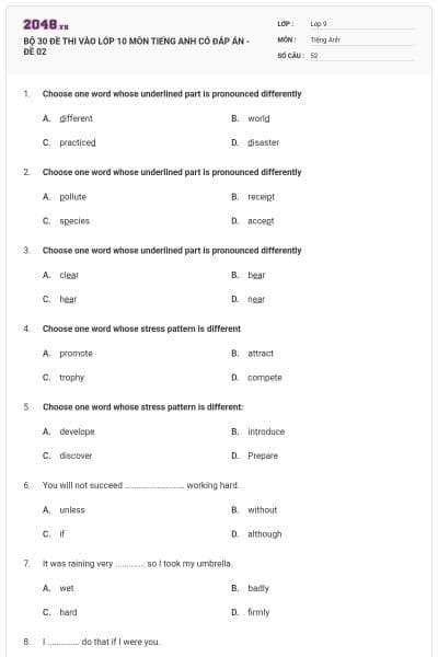 BỘ 30 ĐỀ THI VÀO LỚP 10 MÔN TIẾNG ANH CÓ ĐÁP ÁN - ĐỀ 02