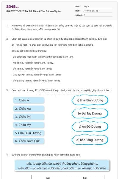 Giải VBT TNXH 3 Bài 28: Bề mặt Trái Đất có đáp án