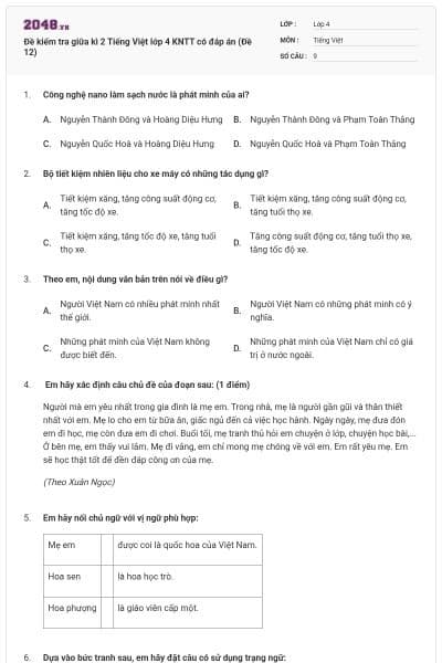 Đề kiểm tra giữa kì 2 Tiếng Việt lớp 4 KNTT có đáp án (Đề 12)