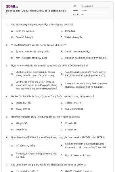 Đề ôn thi THPTQG 2019 môn Lịch Sử có lời giải chi tiết đề 7