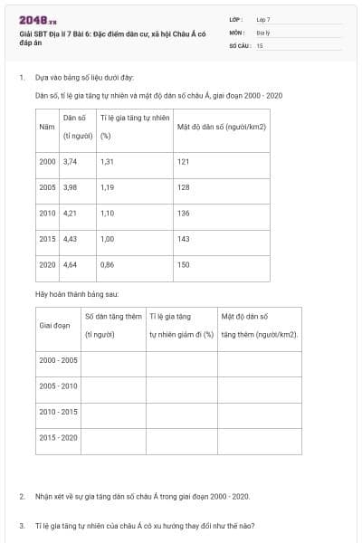 Giải SBT Địa lí 7 Bài 6: Đặc điểm dân cư, xã hội Châu Á có đáp án