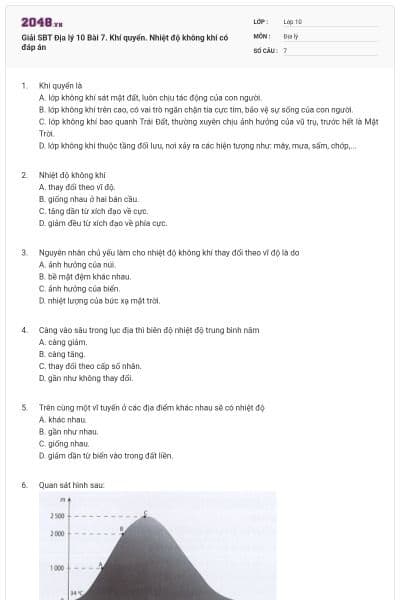 Giải SBT Địa lý 10 Bài 7. Khí quyển. Nhiệt độ không khí có đáp án