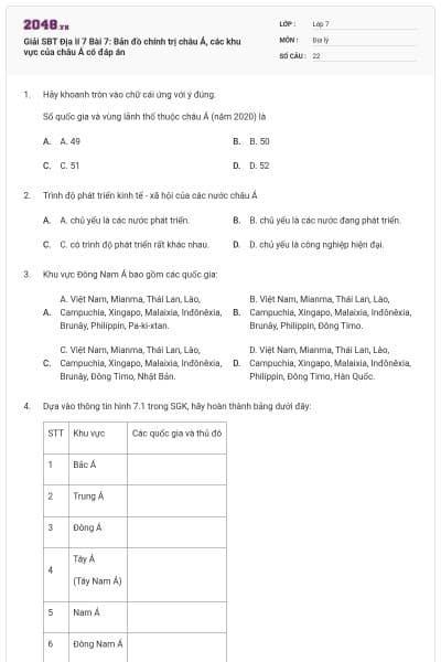 Giải SBT Địa lí 7 Bài 7: Bản đồ chính trị châu Á, các khu vực của châu Á có đáp án