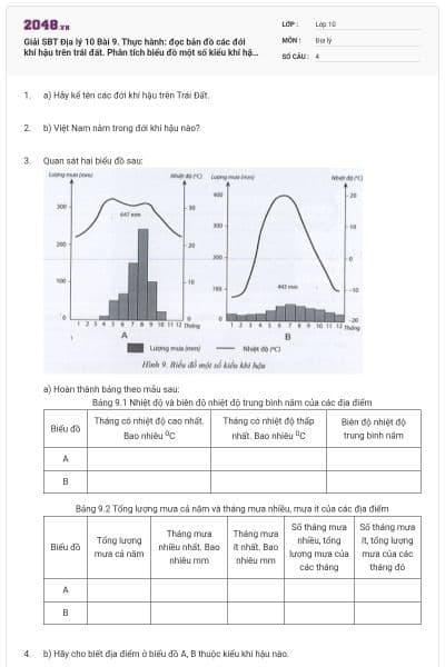 Giải SBT Địa lý 10 Bài 9. Thực hành: đọc bản đồ các đới khí hậu trên trái đất. Phân tích biểu đồ một số kiểu khí hậu có đáp án
