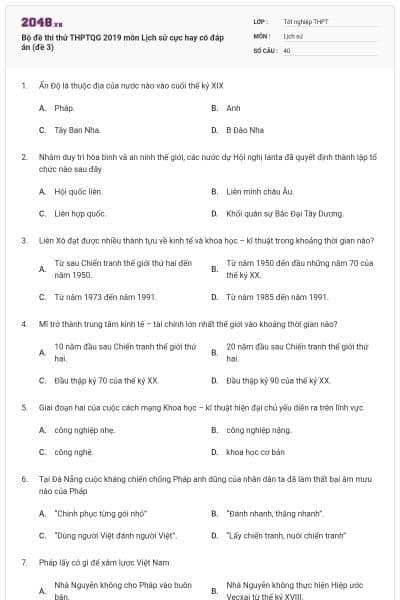 Bộ đề thi thử THPTQG 2019 môn Lịch sử cực hay có đáp án (đề 3)
