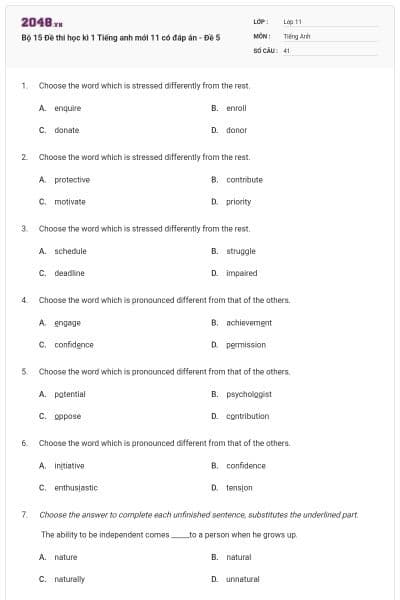 Bộ 15 Đề thi học kì 1 Tiếng anh mới 11 có đáp án - Đề 5