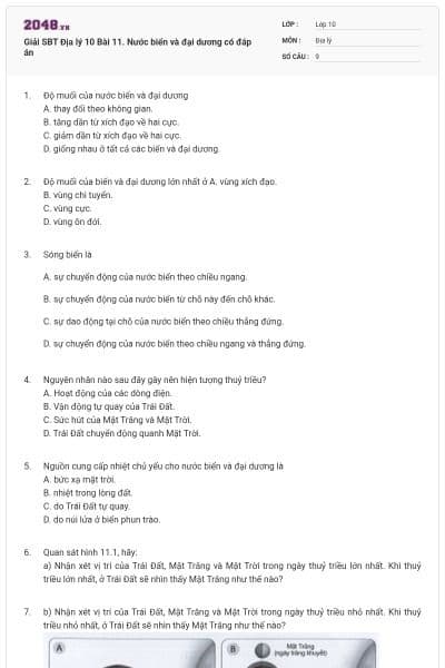 Giải SBT Địa lý 10 Bài 11. Nước biển và đại dương có đáp án