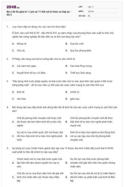 Bộ 3 đề thi giữa kì 1 Lịch sử 11 Kết nối tri thức có đáp án - Đề 3
