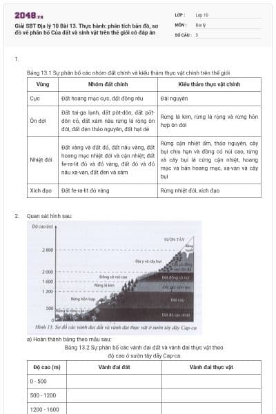 Giải SBT Địa lý 10 Bài 13. Thực hành: phân tích bản đồ, sơ đồ vể phân bố Của đất và sinh vật trên thế giới có đáp án