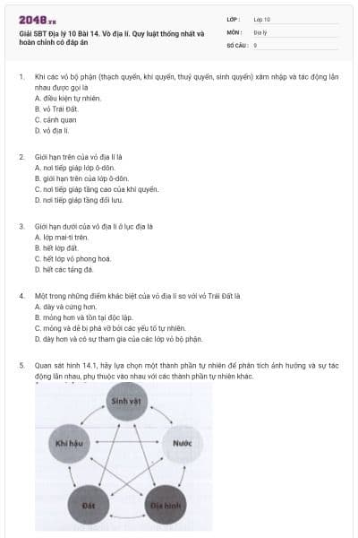 Giải SBT Địa lý 10 Bài 14. Vò địa lí. Quy luật thống nhất và hoàn chỉnh có đáp án
