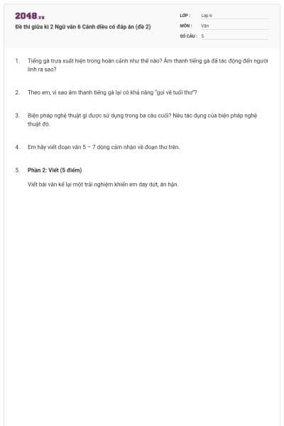 Đề thi giữa kì 2 Ngữ văn 6 Cánh diều có đáp án (đề 2)