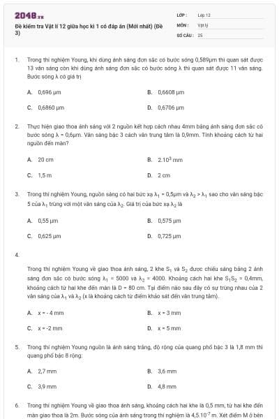 Đề kiểm tra Vật lí 12 giữa học kì 1 có đáp án (Mới nhất) (Đề 3)