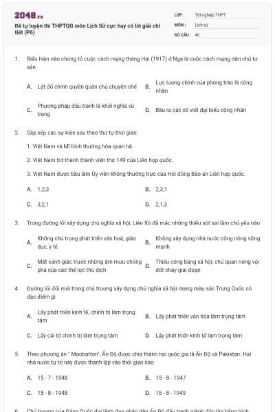 Đề tự luyện thi THPTQG môn Lịch Sử cực hay có lời giải chi tiết (P6)