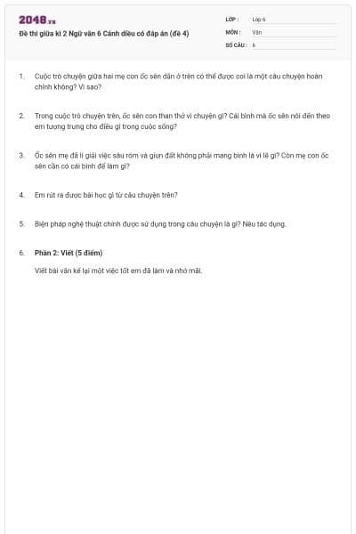 Đề thi giữa kì 2 Ngữ văn 6 Cánh diều có đáp án (đề 4)