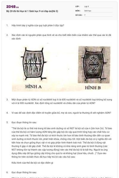 Bộ 20 đề thi Học kì 1 Sinh học 9 có đáp án(Đề 3)