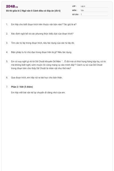 Đề thi giữa kì 2 Ngữ văn 6 Cánh diều có đáp án (đề 6)