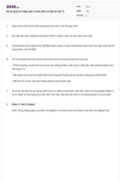 Đề thi giữa kì 2 Ngữ văn 6 Cánh diều có đáp án (đề 7)