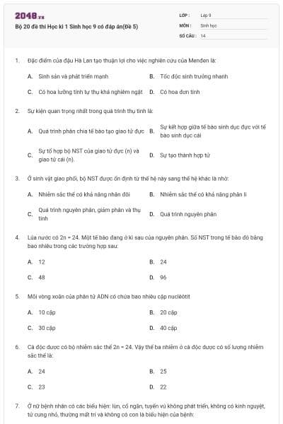Bộ 20 đề thi Học kì 1 Sinh học 9 có đáp án(Đề 5)