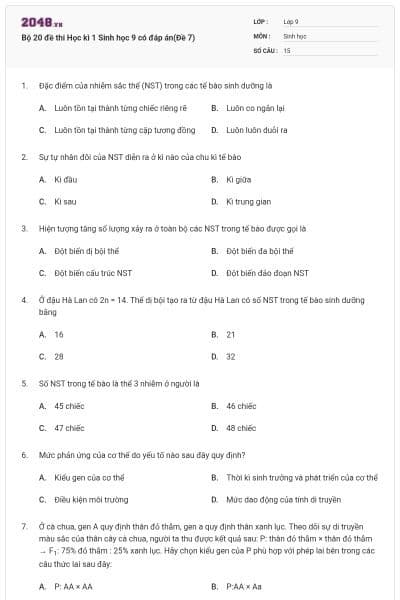 Bộ 20 đề thi Học kì 1 Sinh học 9 có đáp án(Đề 7)