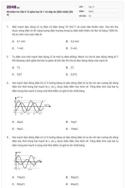 Đề kiểm tra Vật lí 12 giữa học kì 1 có đáp án (Mới nhất) (Đề 4)