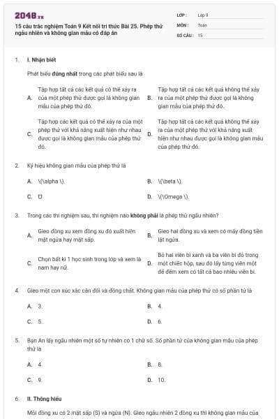 15 câu trắc nghiệm Toán 9 Kết nối tri thức Bài 25. Phép thử ngẫu nhiên và không gian mẫu có đáp án