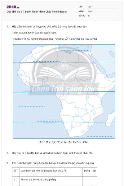 Giải SBT Địa lí 7 Bài 9: Thiên nhiên Châu Phi có đáp án