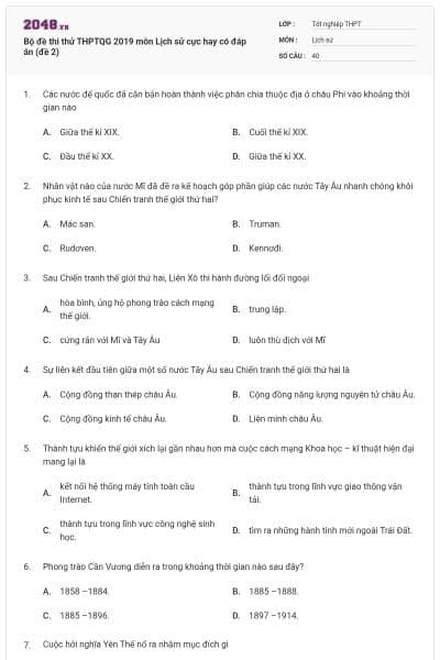 Bộ đề thi thử THPTQG 2019 môn Lịch sử cực hay có đáp án (đề 2)
