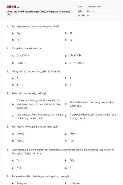 Đề thi thử THPT môn Hóa năm 2022 có đáp án (Mới nhất) - Đề 7